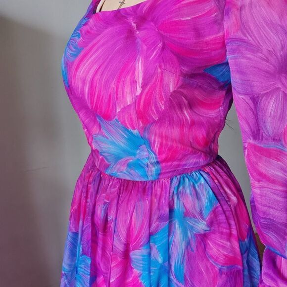 Vintage Maxi Dressย Neon 70s 60s 70sโChiffonโPuffโFestival - Picture 13 of 13